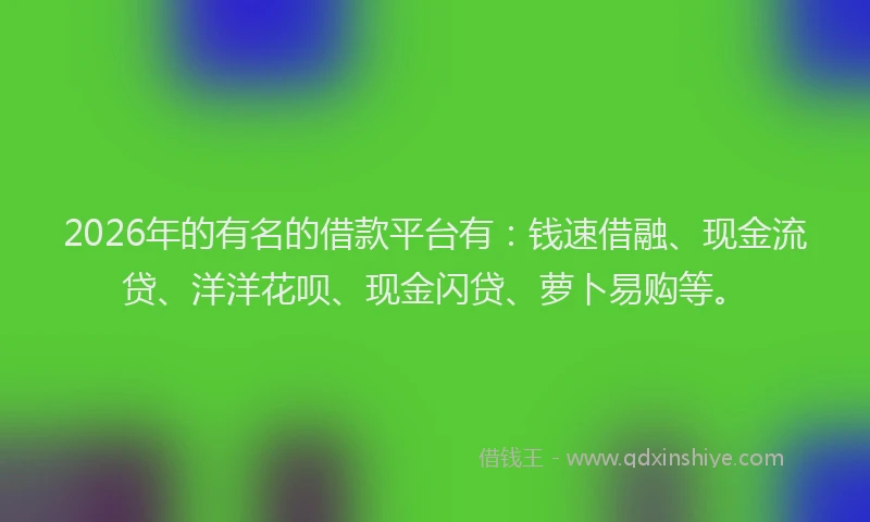 2026年的有名的借款平台有：钱速借融、现金流贷、洋洋花呗、现金闪贷、萝卜易购等。