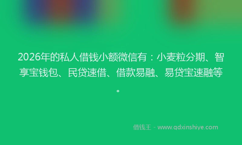 2026年的私人借钱小额微信有:小麦粒分期、智享宝钱包、民贷速借、借款易融、易贷宝速融等。