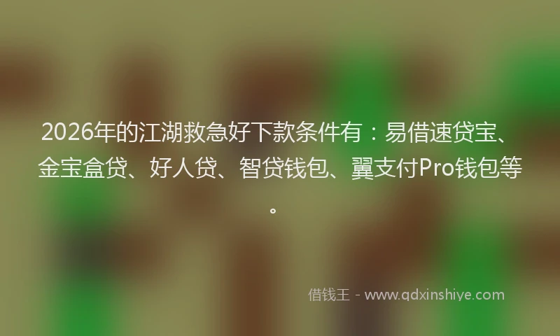 2026年的江湖救急好下款条件有：易借速贷宝、金宝盒贷、好人贷、智贷钱包、翼支付Pro钱包等。