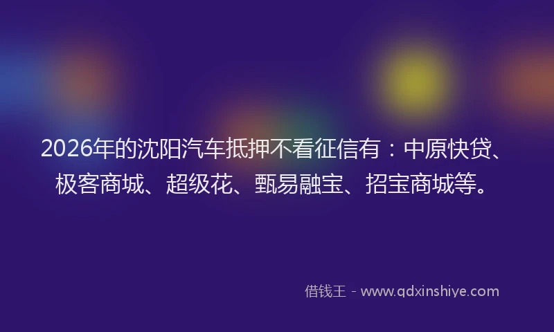 2026年的沈阳汽车抵押不看征信有：中原快贷、极客商城、超级花、甄易融宝、招宝商城等。