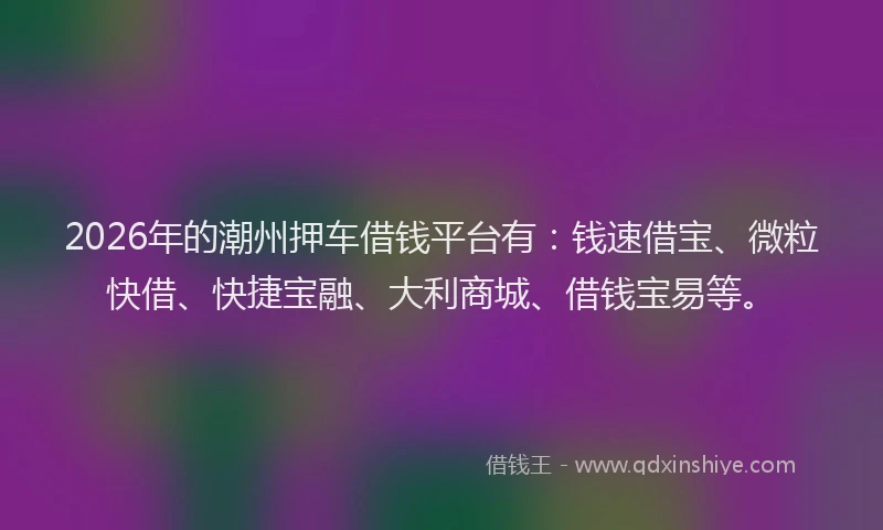 2026年的潮州押车借钱平台有：钱速借宝、微粒快借、快捷宝融、大利商城、借钱宝易等。