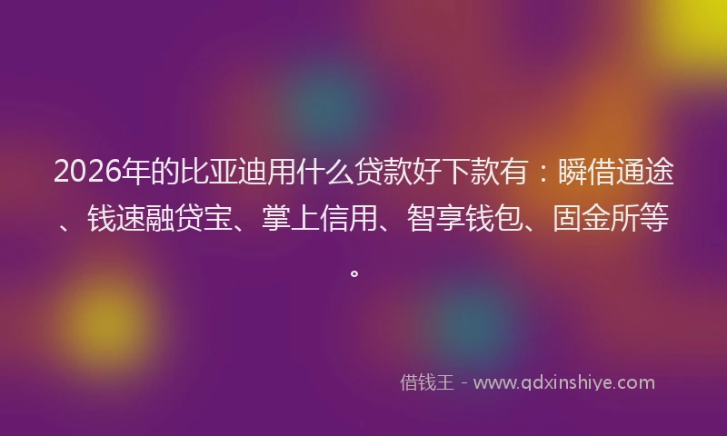 2026年的比亚迪用什么贷款好下款有：瞬借通途、钱速融贷宝、掌上信用、智享钱包、固金所等。
