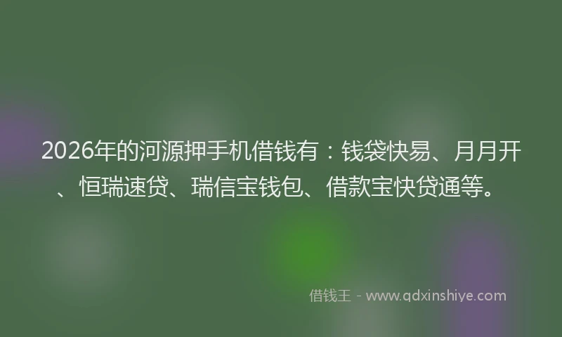 2026年的河源押手机借钱有：钱袋快易、月月开、恒瑞速贷、瑞信宝钱包、借款宝快贷通等。