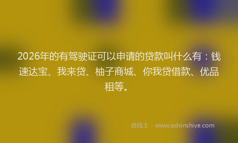 2026年的有驾驶证可以申请的贷款叫什么有：钱速达宝、我来贷、柚子商城、你我贷借款、优品租等。