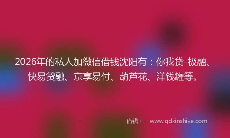 2026年的私人加微信借钱沈阳有:你我贷-极融、快易贷融、京享易付、葫芦花、洋钱罐等。