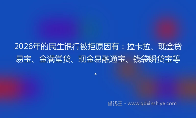 2026年的民生银行被拒原因有：拉卡拉、现金贷易宝、金满堂贷、现金易融通宝、钱袋瞬贷宝等。