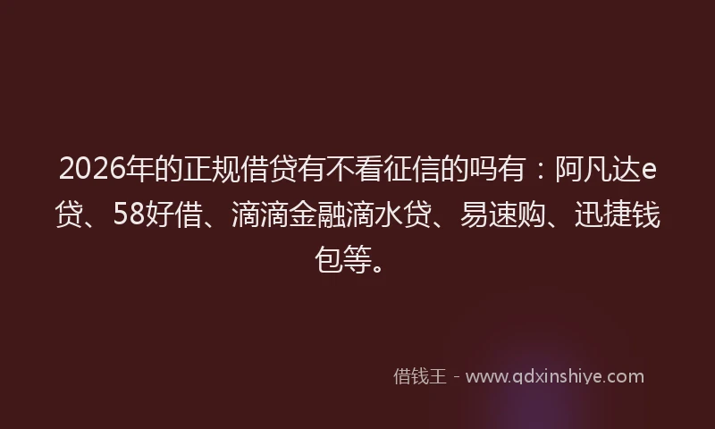 2026年的正规借贷有不看征信的吗有：阿凡达e贷、58好借、滴滴金融滴水贷、易速购、迅捷钱包等。