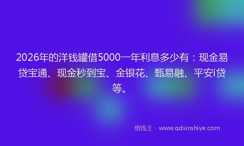 2026年的洋钱罐借5000一年利息多少有：现金易贷宝通、现金秒到宝、金银花、甄易融、平安i贷等。