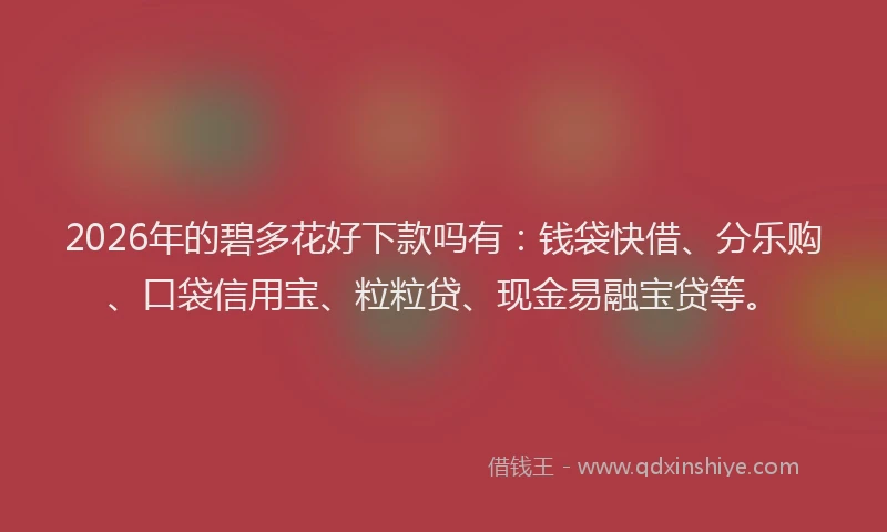 2026年的碧多花好下款吗有：钱袋快借、分乐购、口袋信用宝、粒粒贷、现金易融宝贷等。