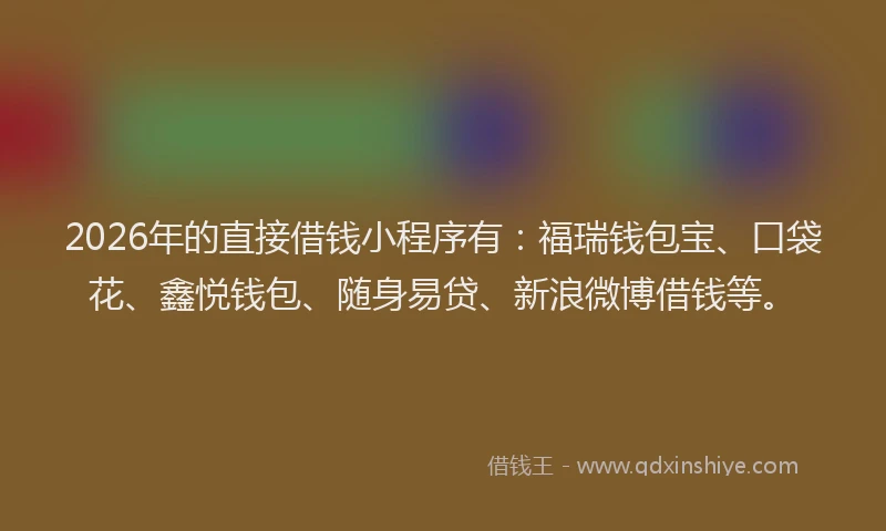 2026年的直接借钱小程序有：福瑞钱包宝、口袋花、鑫悦钱包、随身易贷、新浪微博借钱等。