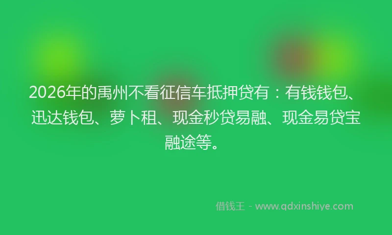 2026年的禹州不看征信车抵押贷有：有钱钱包、迅达钱包、萝卜租、现金秒贷易融、现金易贷宝融途等。