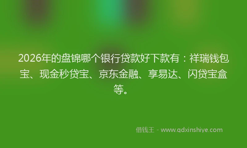 2026年的盘锦哪个银行贷款好下款有：祥瑞钱包宝、现金秒贷宝、京东金融、享易达、闪贷宝盒等。