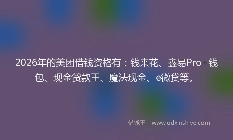 2026年的美团借钱资格有：钱来花、鑫易Pro+钱包、现金贷款王、魔法现金、e微贷等。