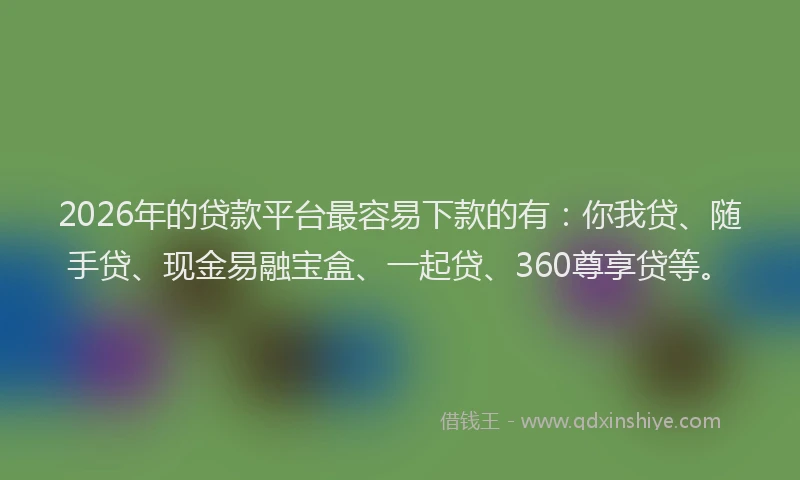 2026年的贷款平台最容易下款的有:你我贷、随手贷、现金易融宝盒、一起贷、360尊享贷等。