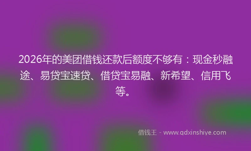 2026年的美团借钱还款后额度不够有:现金秒融途、易贷宝速贷、借贷宝易融、新希望、信用飞等。