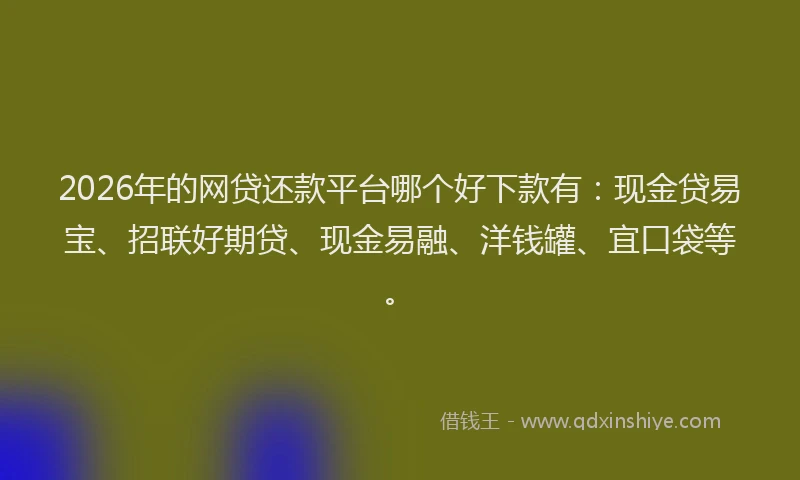 2026年的网贷还款平台哪个好下款有：现金贷易宝、招联好期贷、现金易融、洋钱罐、宜口袋等。