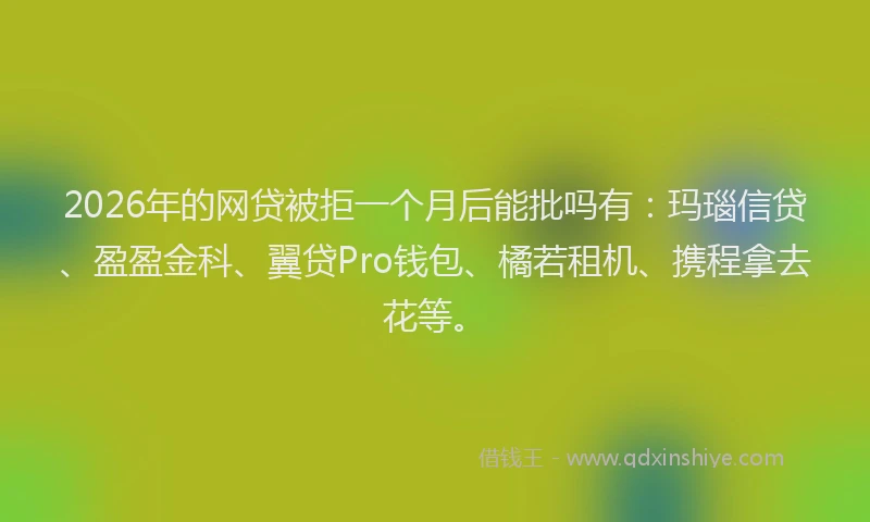 2026年的网贷被拒一个月后能批吗有:玛瑙信贷、盈盈金科、翼贷Pro钱包、橘若租机、携程拿去花等。