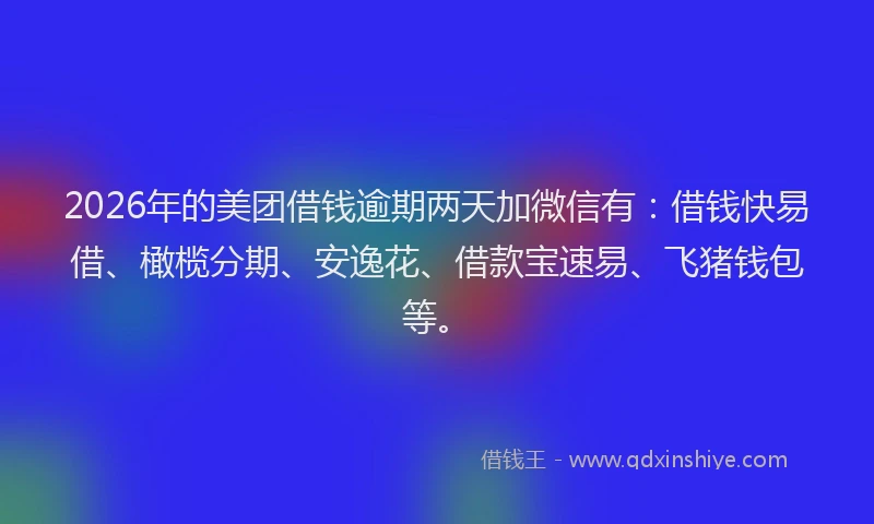 2026年的美团借钱逾期两天加微信有：借钱快易借、橄榄分期、安逸花、借款宝速易、飞猪钱包等。