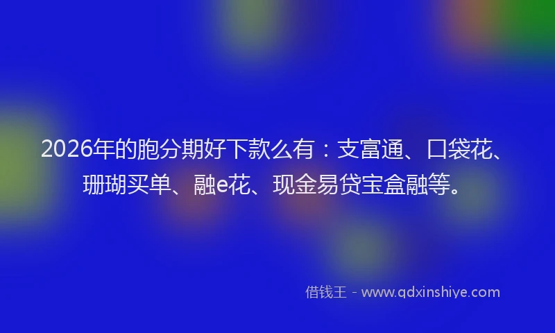 2026年的胞分期好下款么有：支富通、口袋花、珊瑚买单、融e花、现金易贷宝盒融等。