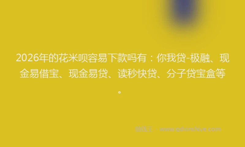 2026年的花米呗容易下款吗有:你我贷-极融、现金易借宝、现金易贷、读秒快贷、分子贷宝盒等。