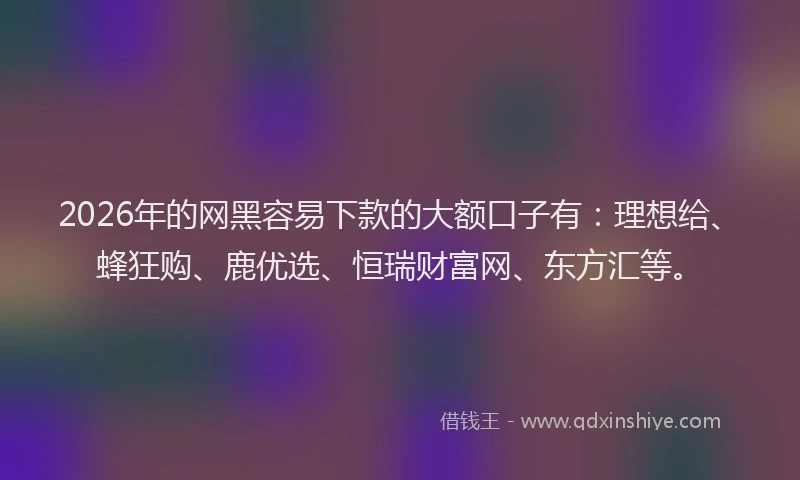 2026年的网黑容易下款的大额口子有：理想给、蜂狂购、鹿优选、恒瑞财富网、东方汇等。