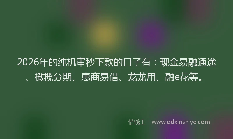 2026年的纯机审秒下款的口子有：现金易融通途、橄榄分期、惠商易借、龙龙用、融e花等。