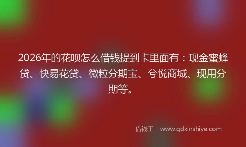 2026年的花呗怎么借钱提到卡里面有:现金蜜蜂贷、快易花贷、微粒分期宝、兮悦商城、现用分期等。