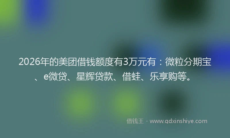 2026年的美团借钱额度有3万元有:微粒分期宝、e微贷、星辉贷款、借蛙、乐享购等。