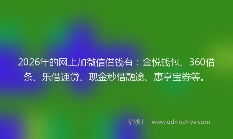 2026年的网上加微信借钱有：金悦钱包、360借条、乐借速贷、现金秒借融途、惠享宝券等。