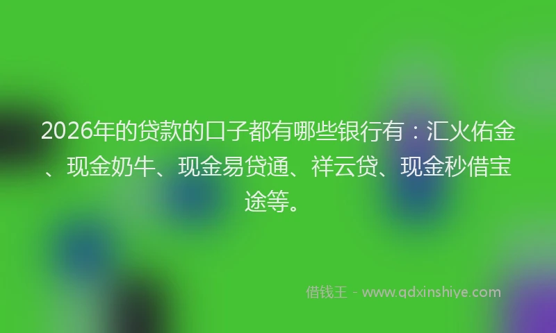 2026年的贷款的口子都有哪些银行有：汇火佑金、现金奶牛、现金易贷通、祥云贷、现金秒借宝途等。
