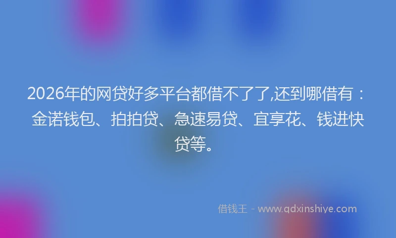 2026年的网贷好多平台都借不了了,还到哪借有：金诺钱包、拍拍贷、急速易贷、宜享花、钱进快贷等。