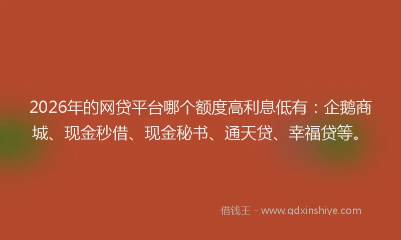 2026年的网贷平台哪个额度高利息低有：企鹅商城、现金秒借、现金秘书、通天贷、幸福贷等。