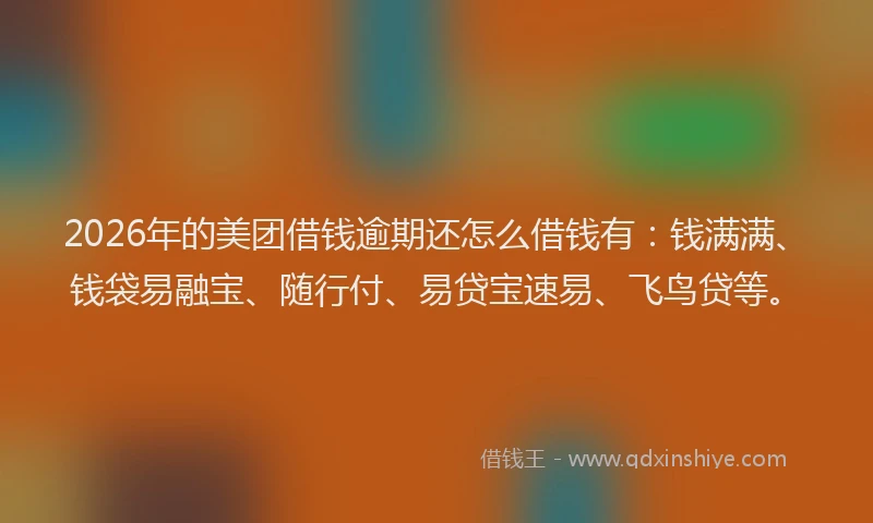 2026年的美团借钱逾期还怎么借钱有:钱满满、钱袋易融宝、随行付、易贷宝速易、飞鸟贷等。