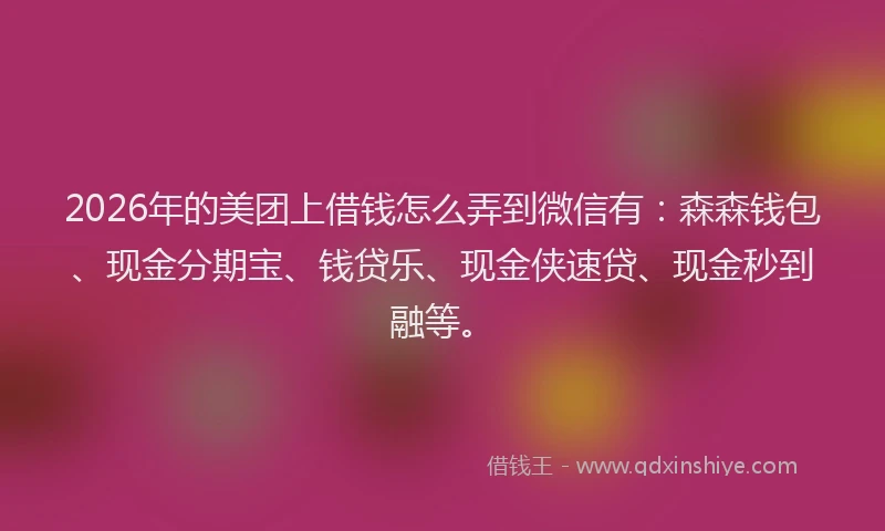 2026年的美团上借钱怎么弄到微信有：森森钱包、现金分期宝、钱贷乐、现金侠速贷、现金秒到融等。