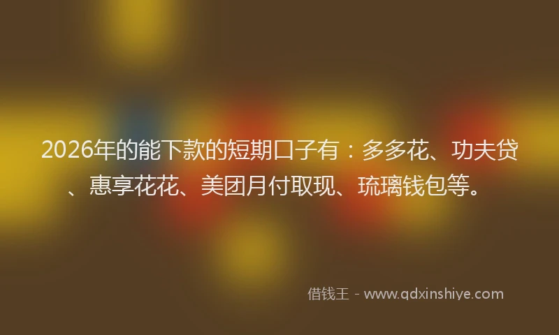 2026年的能下款的短期口子有：多多花、功夫贷、惠享花花、美团月付取现、琉璃钱包等。