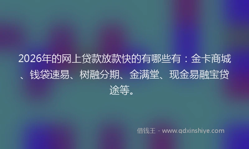 2026年的网上贷款放款快的有哪些有：金卡商城、钱袋速易、树融分期、金满堂、现金易融宝贷途等。