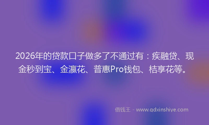 2026年的贷款口子做多了不通过有：疾融贷、现金秒到宝、金瀛花、普惠Pro钱包、桔享花等。