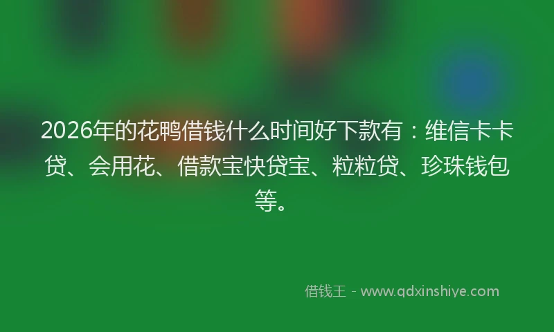 2026年的花鸭借钱什么时间好下款有:维信卡卡贷、会用花、借款宝快贷宝、粒粒贷、珍珠钱包等。