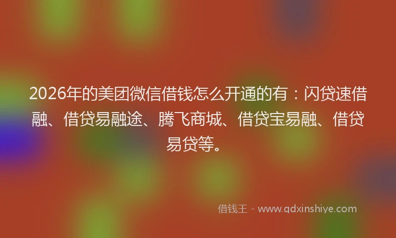 2026年的美团微信借钱怎么开通的有:闪贷速借融、借贷易融途、腾飞商城、借贷宝易融、借贷易贷等。