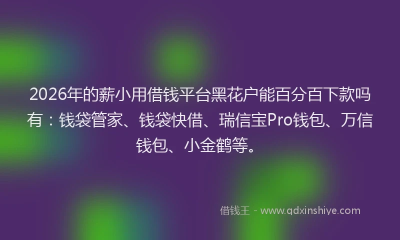 2026年的薪小用借钱平台黑花户能百分百下款吗有：钱袋管家、钱袋快借、瑞信宝Pro钱包、万信钱包、小金鹤等。