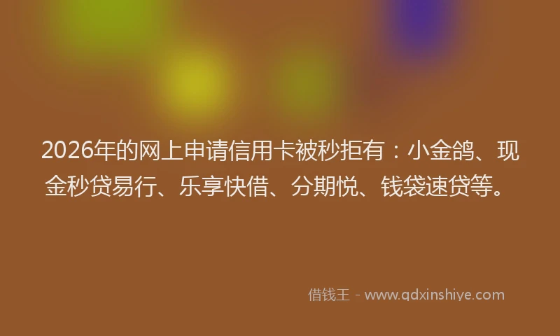 2026年的网上申请信用卡被秒拒有:小金鸽、现金秒贷易行、乐享快借、分期悦、钱袋速贷等。