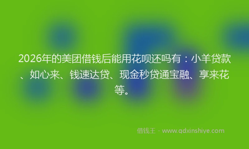 2026年的美团借钱后能用花呗还吗有：小羊贷款、如心来、钱速达贷、现金秒贷通宝融、享来花等。