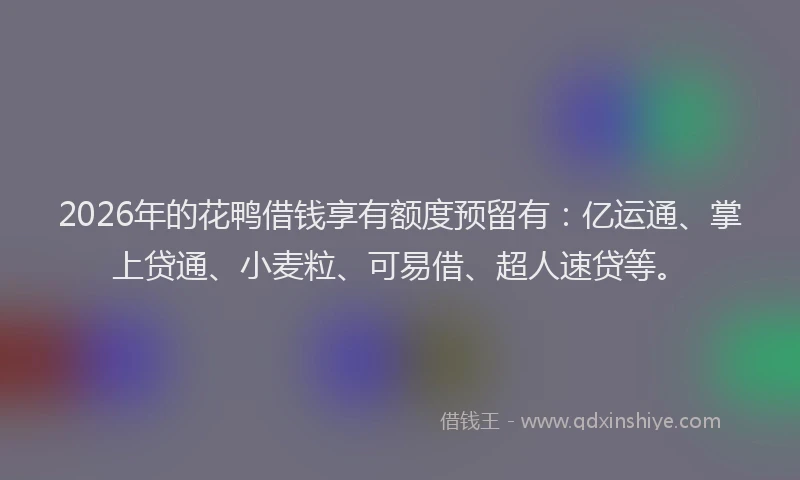 2026年的花鸭借钱享有额度预留有：亿运通、掌上贷通、小麦粒、可易借、超人速贷等。