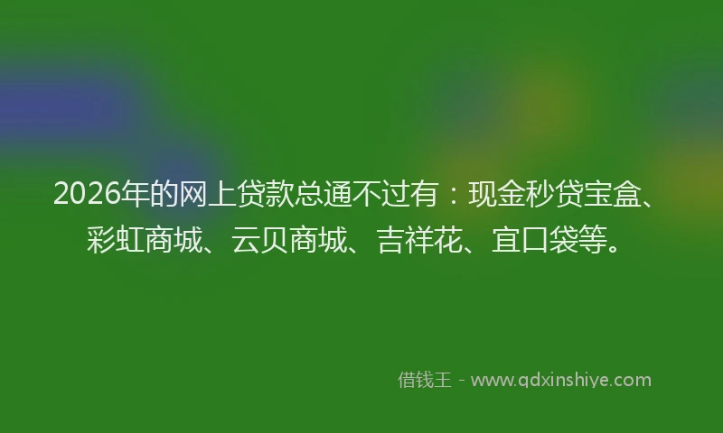 2026年的网上贷款总通不过有：现金秒贷宝盒、彩虹商城、云贝商城、吉祥花、宜口袋等。