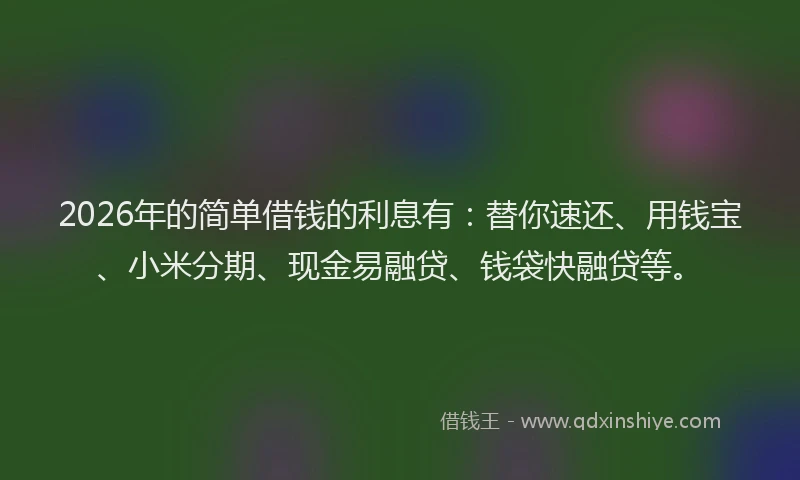 2026年的简单借钱的利息有：替你速还、用钱宝、小米分期、现金易融贷、钱袋快融贷等。