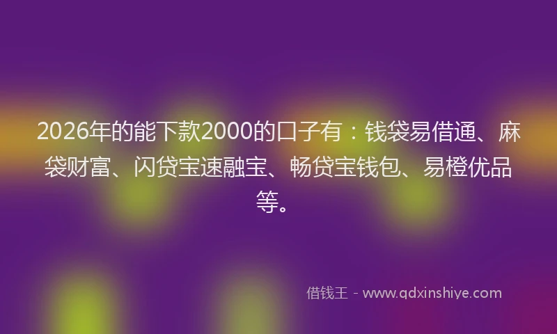 2026年的能下款2000的口子有：钱袋易借通、麻袋财富、闪贷宝速融宝、畅贷宝钱包、易橙优品等。