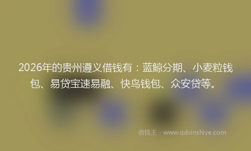 2026年的贵州遵义借钱有:蓝鲸分期、小麦粒钱包、易贷宝速易融、快鸟钱包、众安贷等。