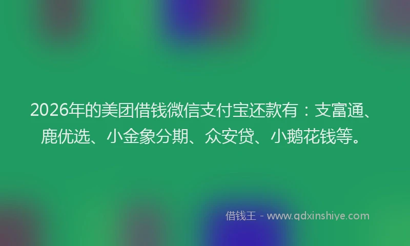 2026年的美团借钱微信支付宝还款有：支富通、鹿优选、小金象分期、众安贷、小鹅花钱等。