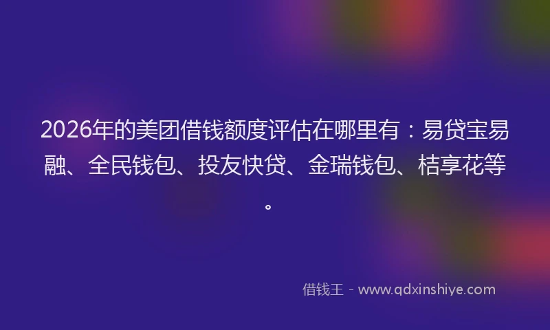 2026年的美团借钱额度评估在哪里有：易贷宝易融、全民钱包、投友快贷、金瑞钱包、桔享花等。