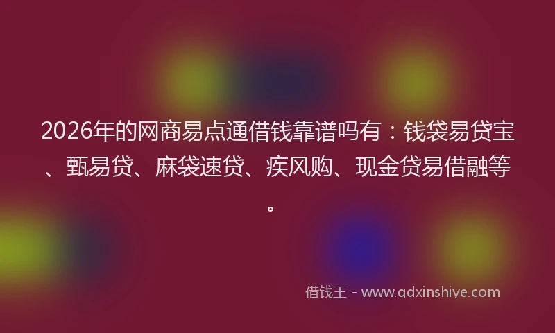 2026年的网商易点通借钱靠谱吗有：钱袋易贷宝、甄易贷、麻袋速贷、疾风购、现金贷易借融等。